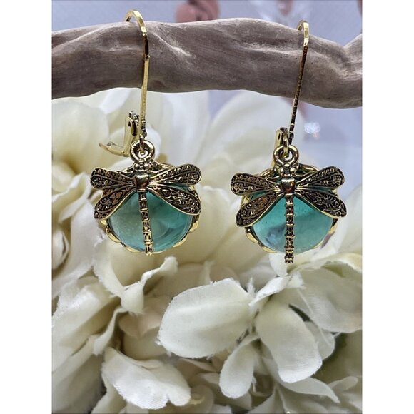 Gold plate Iridescent Dragonfly Wire Green Earrings Fall Gift Mom Birthday Wife - Picture 9 of 15